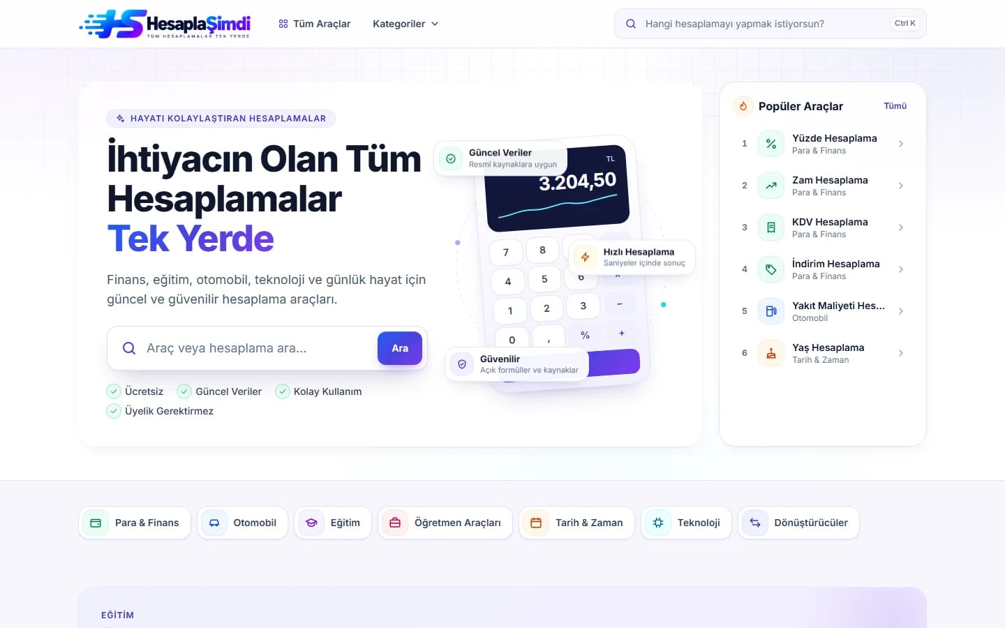 HesaplaŞimdi web sitesinin ana sayfası