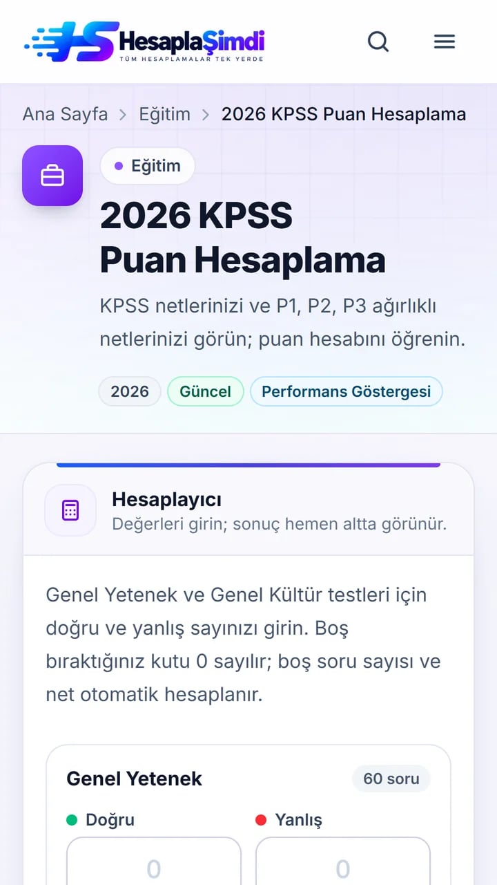 HesaplaŞimdi KPSS puan hesaplama ekranı