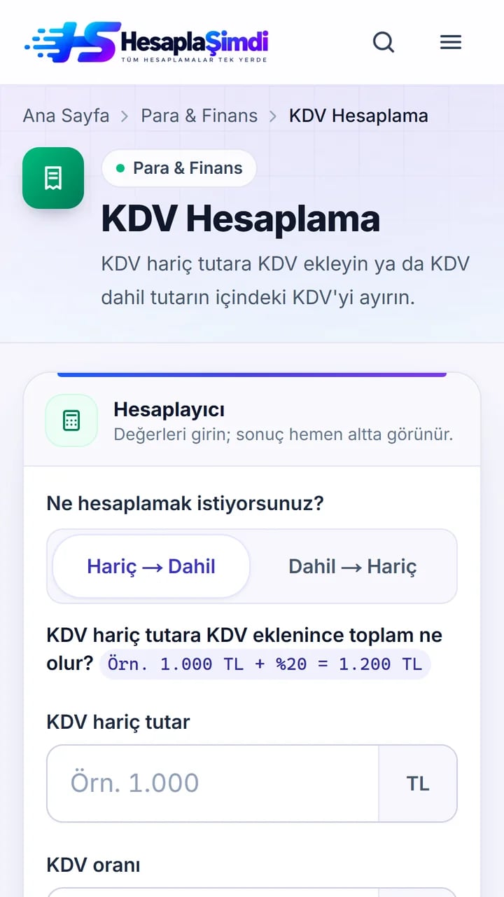 HesaplaŞimdi KDV hesaplama ekranı