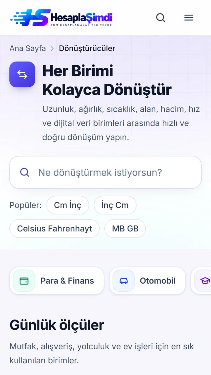 HesaplaŞimdi birim dönüştürücüler ekranı